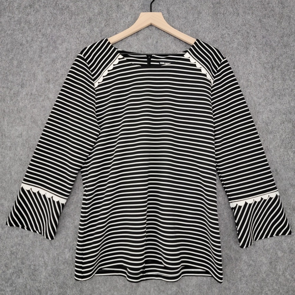 Karl Lagerfeld Paris Shirt Womens Large Black Striped Scallop 3/4 Bell Sleeve